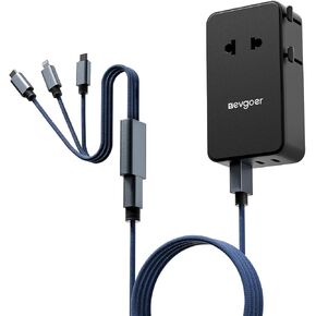 محول سفر عالمي مع كابل شحن 3 في 1، محول طاقة دولي مع مخرج تيار متردد، 1 منفذ USB-A ومنفذين USB-C، يعمل في أكثر من 150 دولة (الولايات المتحدة/الاتحاد الأوروبي/المملكة المتحدة/الاتحاد الأفريقي)، وليس محول جهد كهربائي in Kuwait