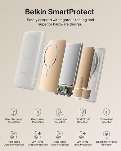 بنك الطاقة Belkin MagSafe بقدرة 5000 مللي أمبير في الساعة، ظهر مغناطيسي معتمد Qi2 15 وات فائق النحافة يدعم ملحقات MagSafe أثناء التنقل، حزمة بطارية لاسلكية مع كابل USB C لهاتف iPhone 17 وPixel 10 والسفر - رملي in Saudi Arabia