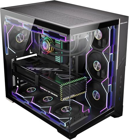 ESGAMING ZEROMAX ATX PC Case Mid-Tower Airflow Gaming Computer Case | قاعدة مائلة 8°| رؤية بانورامية من الزجاج المقسى | تهوية كاملة | أسود-لا مروحة in Kuwait