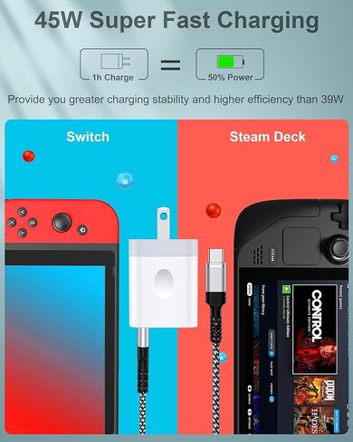 45W Nintendo Switch Charger AC Adapter with 6FT 60W USB C Braided Cable for Nintendo Switch/OLED/Lite/Steam Deck, TV Mode Docking Station, Fast Travel Wall Plug for iPhone 17e 17 Pro 16 iPad Air/Pro in Saudi Arabia