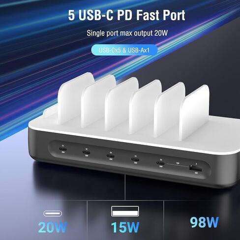 محطة شحن USB C بقوة 100 واط من 4smarts لأجهزة متعددة، محور شحن سريع متعدد الأجهزة بـ 6 منافذ، محطات عمل مكتبية ومنزلية لأجهزة iPhone iPad والأجهزة اللوحية وأجهزة Android باللون الرمادي الفلكي (6 كابلات متضمنة) in Kuwait