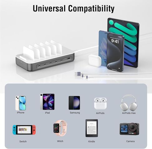 محطة شحن USB C بقوة 100 واط من 4smarts لأجهزة متعددة، محور شحن سريع متعدد الأجهزة بـ 6 منافذ، محطات عمل مكتبية ومنزلية لأجهزة iPhone iPad والأجهزة اللوحية وأجهزة Android باللون الرمادي الفلكي (6 كابلات متضمنة) in Kuwait