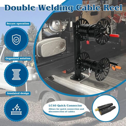 10" Heavy Duty Double Welding Lead Reel, 360° Swivel Base Welding Cable Reel, Insulated Leak-Proof Design with 2 LC-40 Quick Connectors, Accommodates 150ft 1/0 or 125ft 2/0 Welding Cable in Saudi Arabia
