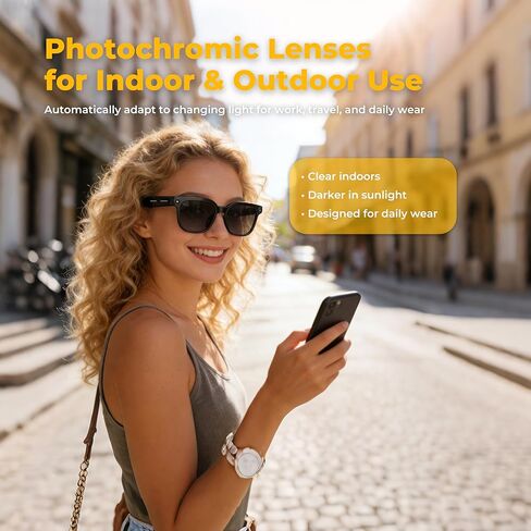 AI Smart Glasses with Camera, 4K POV Video Recording, Real-Time Translation in 140+ Languages, Voice Assistant, Object Recognition, Photochromic Lenses, Bluetooth/WiFi for Travel, Work, Vlogging in Saudi Arabia