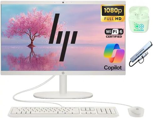 HP 21.5" FHD All-in-One Desktop Computer, Intel Quad-Core Processor, 32GB RAM 640GB Storage (128GB SSD+512GB External), Windows 11, Wired Keyboard & Mouse, PLUSERA Earphones, Cashmere White in Saudi Arabia