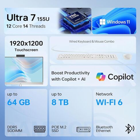 HP 2026 Pro 27 Business All-in-One Desktop, 27" FHD Touchscreen, Intel Core Ultra 7 155U, 32GB DDR5 RAM, 1TB SSD, Wi-Fi 6, Webcam, Wired KB & M, Next Gen AI, Bundle with ADATA 64GB Flash Drive in Saudi Arabia