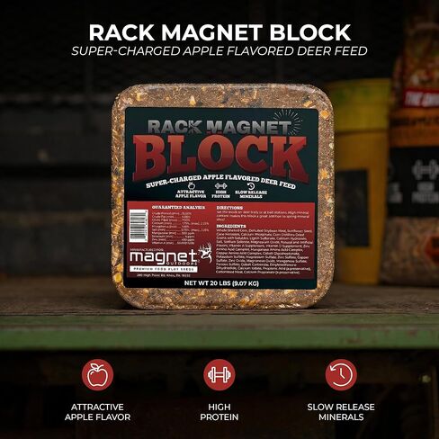 Rack Magnet Deer Block: 20 lb Deer Mineral Block with Apple Molasses Flavor, 15% Protein Attractant for Deer, Long Lasting Hunting Mineral Supplement for Trails, Cameras & Feed Sites in Saudi Arabia