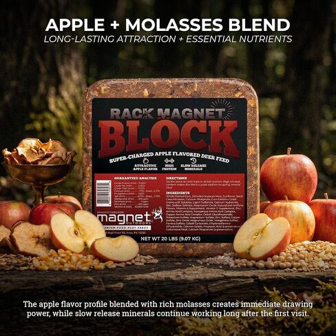 Rack Magnet Deer Block: 20 lb Deer Mineral Block with Apple Molasses Flavor, 15% Protein Attractant for Deer, Long Lasting Hunting Mineral Supplement for Trails, Cameras & Feed Sites in Saudi Arabia