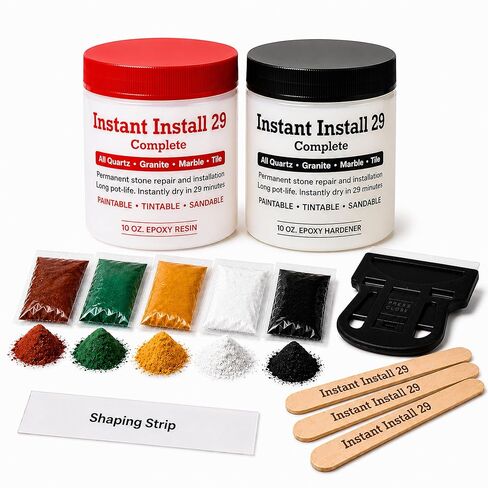 Instant Install 29– Permanent Granite Tile Marble Quartz Corian Porcelain Stone Repair Epoxy 20 Oz – Broken/Chips/Cracks – Reattaches/Rebuilds Missing Pieces – Dry in 29 Minutes! Tintable with EZ Tint in Kuwait