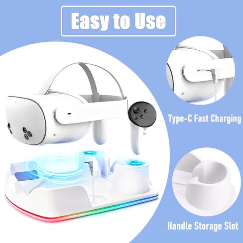 Tendak Charging Dock for Meta Quest 3S/Quest 3/Quest 2, VR Charging Stand with RGB Light, Type C Cable and Controller Storage, VR Headset Controller Accessories(White) in Saudi Arabia