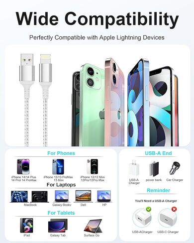 2ft USB to Lightning Cable (2-Pack) MFi Certified, Short iPhone Charger Cord for Car & CarPlay, Durable Braided 2 ft iPhone Charging Cable for iPhone 14 13 12 11 Pro Max, iPad, Power Bank in Saudi Arabia