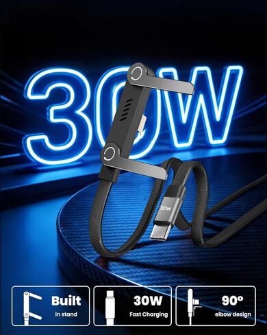 كابل USB C إلى Lightning مع حامل هاتف مدمج، شاحن iPhone سريع جانبي معتمد من MFi بقدرة 30 وات PD، كابل 90 درجة من النوع C إلى Lightning، كابل شاحن حامل غير مرئي 2 في 1 لأجهزة iPhone 14-5 وiPad in Kuwait
