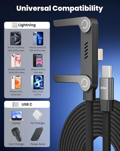كابل USB C إلى Lightning مع حامل هاتف مدمج، شاحن iPhone سريع جانبي معتمد من MFi بقدرة 30 وات PD، كابل 90 درجة من النوع C إلى Lightning، كابل شاحن حامل غير مرئي 2 في 1 لأجهزة iPhone 14-5 وiPad in Kuwait