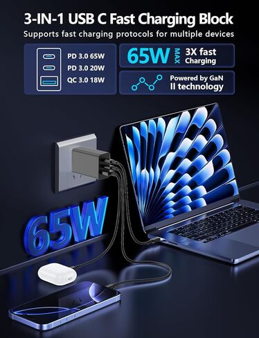 Essri 2-Pack 65W USB C Charger Block, 3-Port PD 3.0 Fast Charging Wall Plug Power Adapter with 65W Type C Ports for iPhone 17/16/15/14/13 Pro Max,for iPad Pro/Air/Mini,Galaxy S26 / S25 and More-Black in Saudi Arabia
