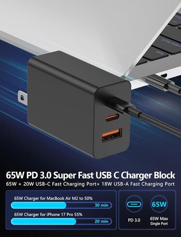 Essri 2-Pack 65W USB C Charger Block, 3-Port PD 3.0 Fast Charging Wall Plug Power Adapter with 65W Type C Ports for iPhone 17/16/15/14/13 Pro Max,for iPad Pro/Air/Mini,Galaxy S26 / S25 and More-Black in Saudi Arabia