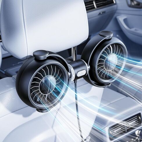 Dual-Head Rear Seat Car Fan, 360° Rotation, Powerful Airflow, Brushless Motor, Stepless Speed Control, Blows Both Left & Right, Ideal For Babies, Pets, Front & Back Seats in Saudi Arabia