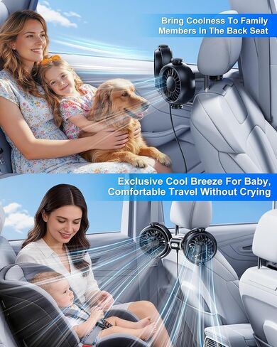 Dual-Head Rear Seat Car Fan, 360° Rotation, Powerful Airflow, Brushless Motor, Stepless Speed Control, Blows Both Left & Right, Ideal For Babies, Pets, Front & Back Seats in Saudi Arabia
