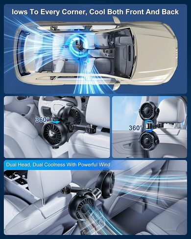 Dual-Head Rear Seat Car Fan, 360° Rotation, Powerful Airflow, Brushless Motor, Stepless Speed Control, Blows Both Left & Right, Ideal For Babies, Pets, Front & Back Seats in Saudi Arabia