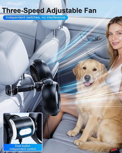 Dual-Head Rear Seat Car Fan, 360° Rotation, Powerful Airflow, Brushless Motor, Stepless Speed Control, Blows Both Left & Right, Ideal For Babies, Pets, Front & Back Seats in Saudi Arabia