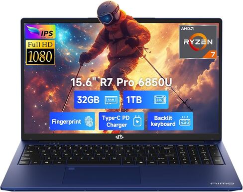 NIMO 15.6 بوصة IPS FHD-Business-Laptop، 8 النوى AMD Ryzen 7 Pro 6850U 32 جيجابايت ذاكرة الوصول العشوائي 1 تيرابايت SSD (Beat i7-1360P حتى 4.7 جيجا هرتز) Radeon 680M 100W لوحة مفاتيح بإضاءة خلفية PD سريعة لمنشئي المحتوى والطلاب ضمان لمدة عامين in Kuwait
