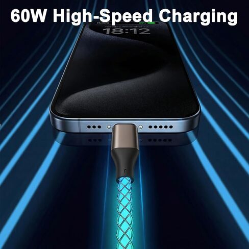 USB C to USB C Cable, Light up Type C Charger Cable, 60W USBC to USBC Cord, Led Type C to C Fast Charger Cord for iPhone 17/16/15/iPad MacBook,Samsung Galaxy S25 S24 S23 (Multicolored, 6FT) in Saudi Arabia