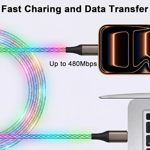 USB C to USB C Cable, Light up Type C Charger Cable, 60W USBC to USBC Cord, Led Type C to C Fast Charger Cord for iPhone 17/16/15/iPad MacBook,Samsung Galaxy S25 S24 S23 (Multicolored, 6FT) in Saudi Arabia