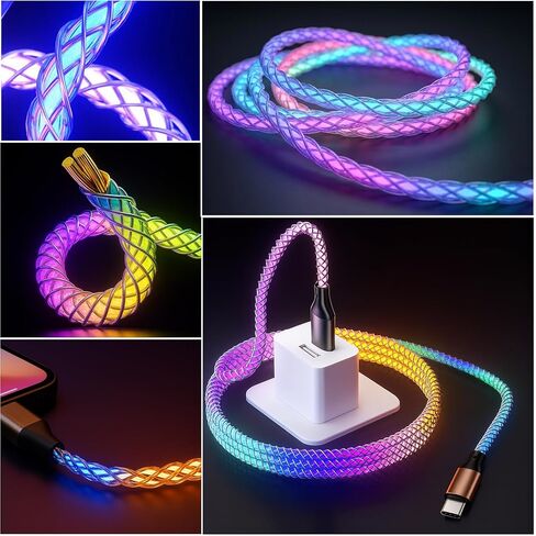 USB C to USB C Cable, Light up Type C Charger Cable, 60W USBC to USBC Cord, Led Type C to C Fast Charger Cord for iPhone 17/16/15/iPad MacBook,Samsung Galaxy S25 S24 S23 (Multicolored, 6FT) in Saudi Arabia