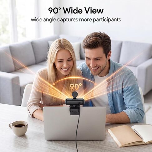 1080P Webcam with Microphone Noise Reduction, Auto Exposure, 90°FOV Wide Angle, Privacy Cover, USB-A to C Adapter, Plug & Play Streaming Camera for PC/Mac/Switch 2, Zoom/Teams/Skype/Meetings in Saudi Arabia