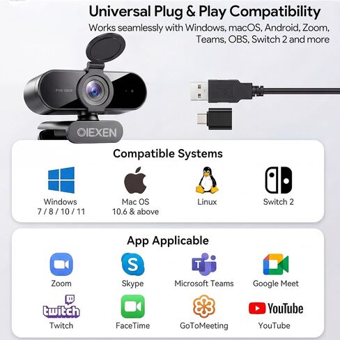 1080P Webcam with Microphone Noise Reduction, Auto Exposure, 90°FOV Wide Angle, Privacy Cover, USB-A to C Adapter, Plug & Play Streaming Camera for PC/Mac/Switch 2, Zoom/Teams/Skype/Meetings in Saudi Arabia