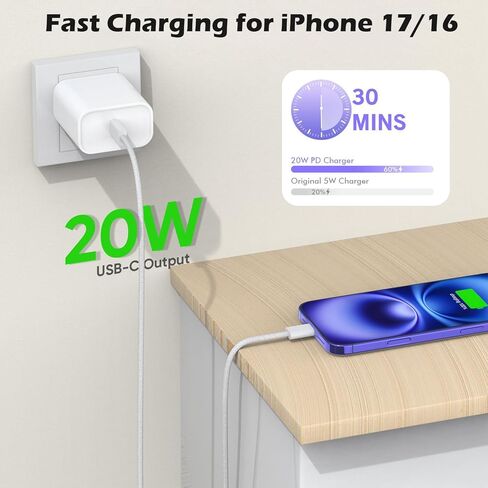 [معتمد من Apple MFi] شاحن iPhone Air/17، USB C شحن سريع 2 حزمة 20 وات شاحن Apple نوع C كتلة 6FT USB C إلى C كابل منسوج لهاتف iPhone 17 Pro Max/16 Plus/16 Pro Max/15 Pro Max، iPad Pro/Air/AirPods in Kuwait