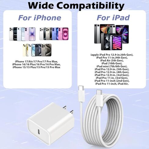 [معتمد من Apple MFi] شاحن iPhone Air/17، USB C شحن سريع 2 حزمة 20 وات شاحن Apple نوع C كتلة 6FT USB C إلى C كابل منسوج لهاتف iPhone 17 Pro Max/16 Plus/16 Pro Max/15 Pro Max، iPad Pro/Air/AirPods in Kuwait