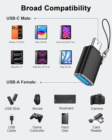 USBC to USB Adapter 4 Pack, USB C Male to USB 3.0 Female OTG Adapter for iPhone 17e 16, iPad mini, MacBook Pro, Samsung S26 S25, High-Speed Data Transfer and Fast Charging Type-C Connector-Black in Saudi Arabia
