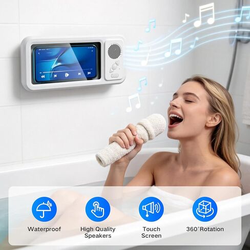 Shower Phone Holder with Speaker, Waterproof Wireless Bluetooth Speaker with 360 Rotation, Rechargeable Hands-Free Wall Mounted Shower Speaker for Any Phone Under 7 Inches, White in Saudi Arabia