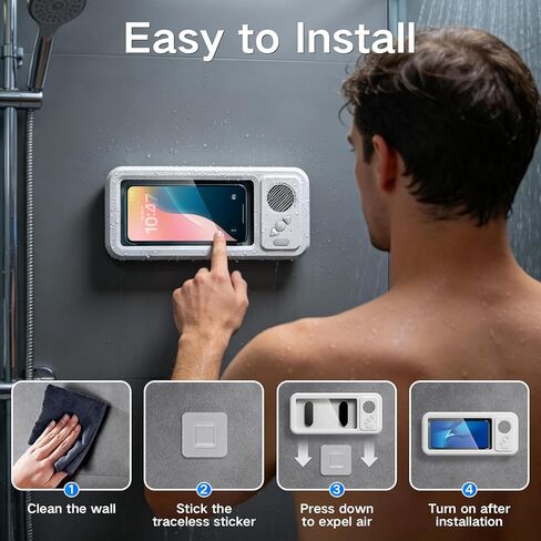 Shower Phone Holder with Speaker, Waterproof Wireless Bluetooth Speaker with 360 Rotation, Rechargeable Hands-Free Wall Mounted Shower Speaker for Any Phone Under 7 Inches, White in Saudi Arabia