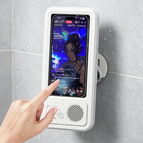 Shower Phone Holder with Speaker, Waterproof Wireless Bluetooth Speaker with 360 Rotation, Rechargeable Hands-Free Wall Mounted Shower Speaker for Any Phone Under 7 Inches, White in Saudi Arabia