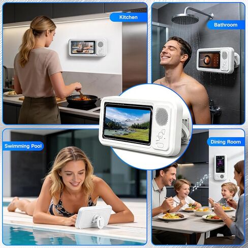 Shower Phone Holder with Speaker, Waterproof Wireless Bluetooth Speaker with 360 Rotation, Rechargeable Hands-Free Wall Mounted Shower Speaker for Any Phone Under 7 Inches, White in Saudi Arabia