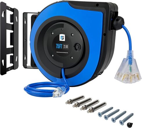 EP Retractable Extension Cord Reel,75 Feet 14 AWG/3C SJTOW Heavy Duty Power Cord,10 AMP Circuit Breaker, 3-Lighted Triple Outlets,Ceiling or Wall Mount Use Indoor, Black in Saudi Arabia