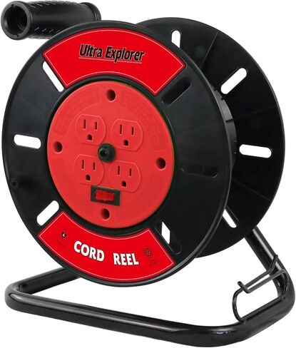Extension Cord Storage Reel with 4-Grounded Outlets, Heavy Duty Open Cord Reel for 12/3 14/3 16/3 Power Cords, Portable Empty Hand Crank Electric Cord Roller Holder, Red in Saudi Arabia