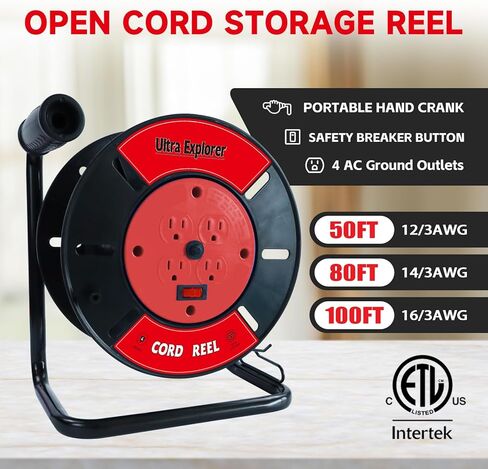 Extension Cord Storage Reel with 4-Grounded Outlets, Heavy Duty Open Cord Reel for 12/3 14/3 16/3 Power Cords, Portable Empty Hand Crank Electric Cord Roller Holder, Red in Saudi Arabia