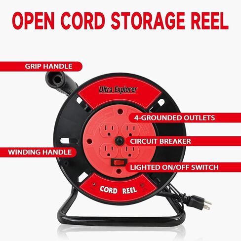 Extension Cord Storage Reel with 4-Grounded Outlets, Heavy Duty Open Cord Reel for 12/3 14/3 16/3 Power Cords, Portable Empty Hand Crank Electric Cord Roller Holder, Red in Saudi Arabia