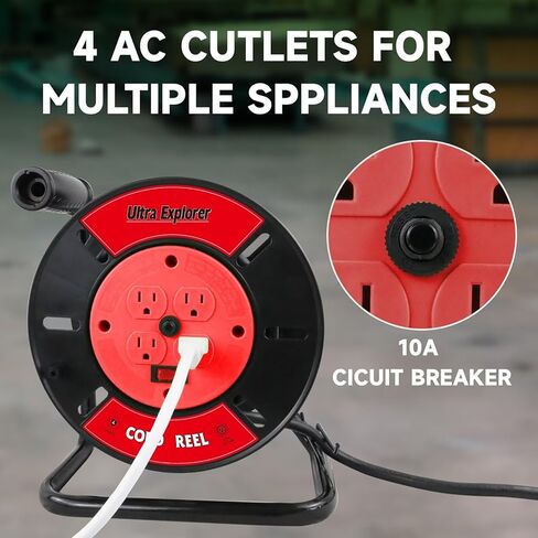 Extension Cord Storage Reel with 4-Grounded Outlets, Heavy Duty Open Cord Reel for 12/3 14/3 16/3 Power Cords, Portable Empty Hand Crank Electric Cord Roller Holder, Red in Saudi Arabia