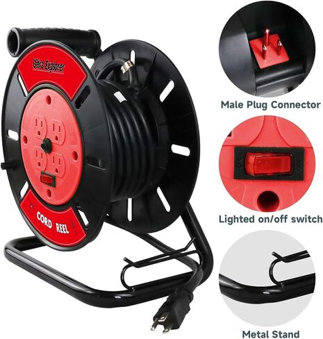 Extension Cord Storage Reel with 4-Grounded Outlets, Heavy Duty Open Cord Reel for 12/3 14/3 16/3 Power Cords, Portable Empty Hand Crank Electric Cord Roller Holder, Red in Saudi Arabia