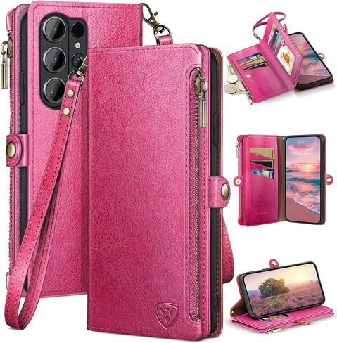 XcaseBar compatible with ‌Samsung Galaxy S26 Ultra Wallet case with Zipper Credit Card Holder【RFID Blocking】,Flip Folio Book PU Phone case Shockproof Cover Women Men for Samsung S26Ultra case Wine Red in Saudi Arabia