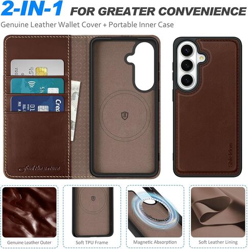 SHIELDON Wallet Case for Galaxy S26 6.3-inch 5G, 2-in-1 Detachable, Genuine Leather, Wireless Charging, Magnetic, RFID Blocking Credit Card Holder, Kickstand, Full Protective Cover - Retro Coffee in Saudi Arabia