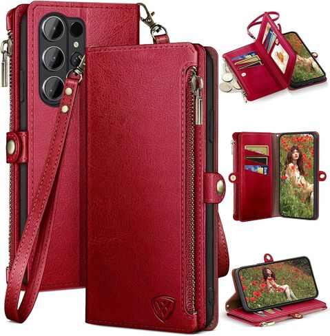 XcaseBar compatible with ‌Samsung Galaxy S26 Ultra Wallet case with Zipper Credit Card Holder【RFID Blocking】,Flip Folio Book PU Phone case Shockproof Cover Women Men for Samsung S26Ultra case Wine Red in Saudi Arabia