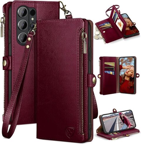 XcaseBar compatible with ‌Samsung Galaxy S26 Ultra Wallet case with Zipper Credit Card Holder【RFID Blocking】,Flip Folio Book PU Phone case Shockproof Cover Women Men for Samsung S26Ultra case Wine Red in Saudi Arabia