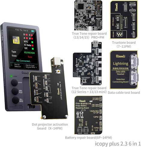Qianli iCopy 2.3 6 في 1 iPhone 7/8/8P/X/XR/XS/XSMAX/11 Pro Max/12/13/14/15 Pro + PM Face ID، LCD، مبرمج EEPROM لنقل الهزاز والبطارية، لوحة تفتيح، نغمة حقيقية in Kuwait