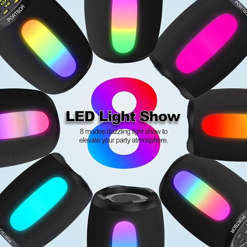 مكبر صوت بلوتوث، مكبر صوت لاسلكي محمول مع صوت ستيريو قوي/8 أوضاع أضواء LED، وقت تشغيل 36 ساعة، اقتران محيطي TWS، مقاوم للماء IPX5، BT5.3، للاستخدام في الهواء الطلق/المنزل/السفر/التخييم، هدايا مثالية in Kuwait