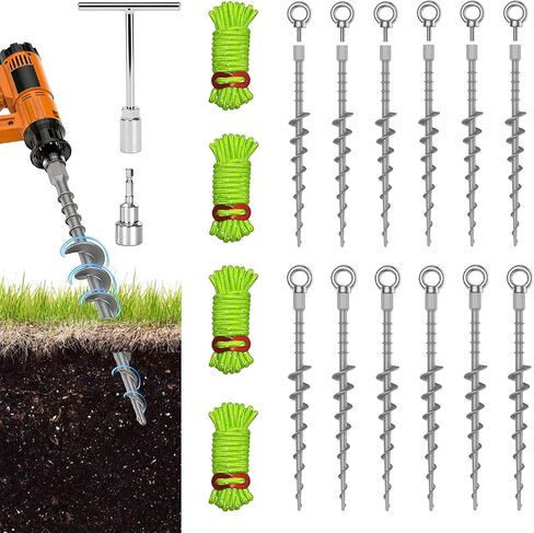 12 Pack Ground Anchors Screw in Tent Stakes, 12" Detachable Non-Rust Cast Aluminum Tent Pegs for Camping Tents, Sand, Trampoline, Swing Sets and Sheds in Saudi Arabia