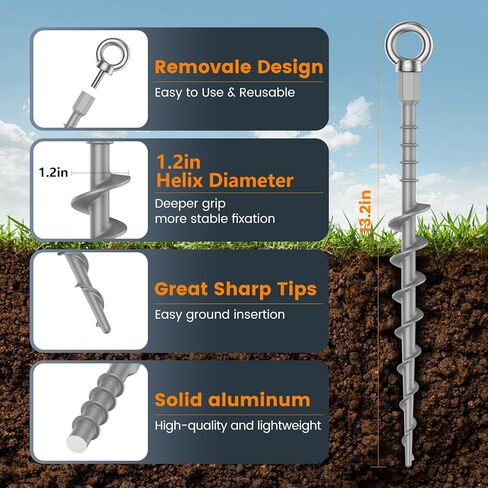 8 Pack Ground Anchors Screw in Tent Stakes, 12" Detachable Non-Rust Cast Aluminum Tent Pegs for Camping Tents, Sand, Trampoline, Swing Sets and Sheds in Saudi Arabia
